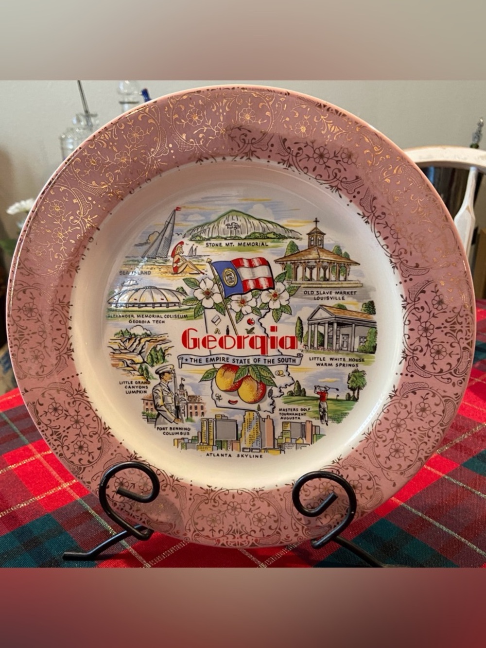 Homer Laughlin Georgia Souvenir Decorative Plate with Pink Floral Border, 1955